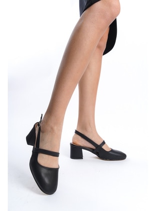 Siyah Cilt Kadın Arkası Açık Kemer Toka Detaylı Rahat 5 cm Klasik Topuklu Ayakkabı DRK020