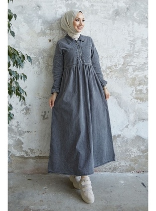 Grey - Cuban Collar - Unlined - Modest Dress - InStyle