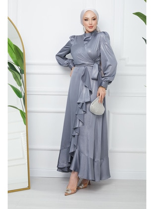 Grey - Unlined - Modest Evening Dress - İmaj Butik