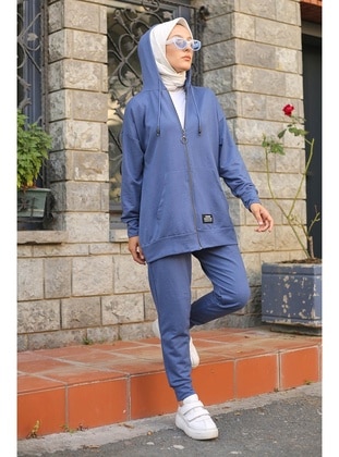 Indigo Women's Modest Hooded Pockets Two Yarn Hijab Tracksuit Set