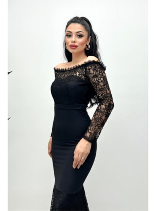 Top Lace Lace Bottom Double Fabric Boat Neck Evening Dress Black