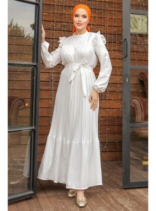 Fırfırlı Pilise Elbise 777 - Beyaz