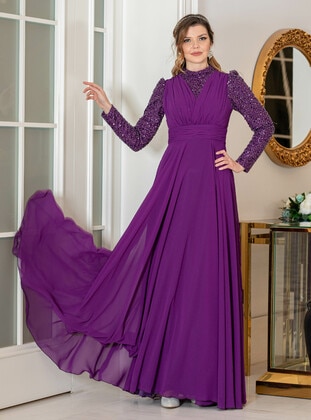 Purple - Modest Evening Dress - Ahunisa