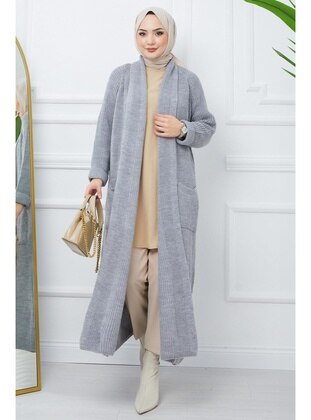 Grey - Knit Cardigan - Hafsa Mina