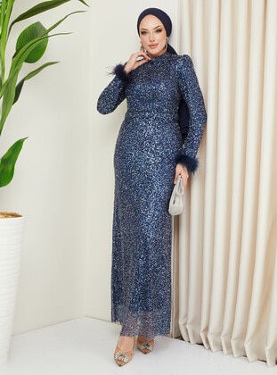 Fully Lined - Navy Blue - Evening Dresses - Olcay