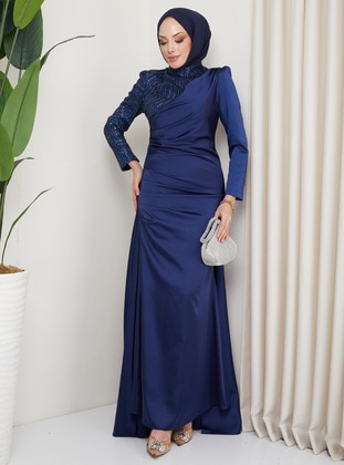 Unlined - Navy Blue - Evening Dresses - Olcay