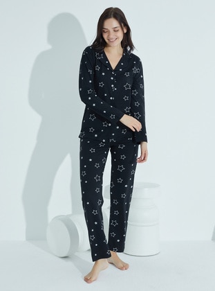 Kadın Düğmeli Deseni Pijama Takımı Gömlek Yaka Waynap 955 - Siyah- Tampap