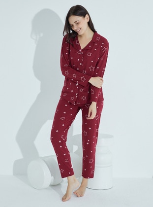 Kadın Düğmeli Deseni Pijama Takımı Gömlek Yaka Waynap 955 - Bordo - Tampap