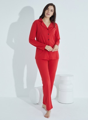 Kadın Düğmeli Deseni Pijama Takımı Gömlek Yaka Waynap 961 - Kırmızı - Tampap