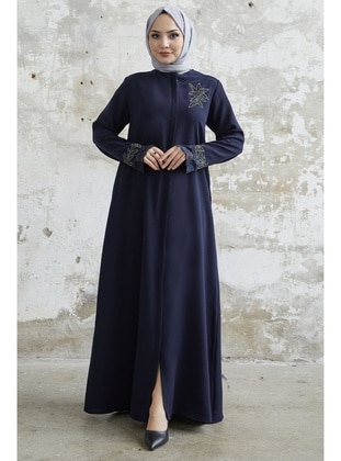 Navy Blue - Floral - Unlined - Abaya - InStyle