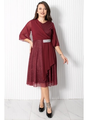 Burgundy - Plus Size Evening Dress - MFA Moda