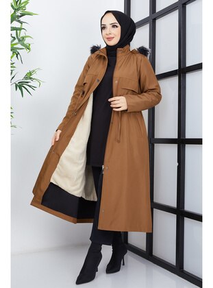 Camel Plus Size Hooded Shearling Shirred Bondic Hijab Coat