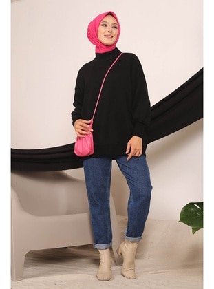 Black Women's Modest Turtleneck Balloon Sleeve Hijab Sweater Tunic