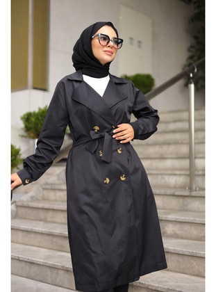 Black Double-Breasted Collar Button Down Hijab Trenchcoat