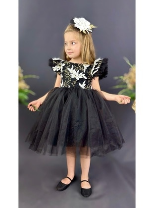 Floral - Crew neck - Fully Lined - Black - White - Girls` Dress - MNK Baby