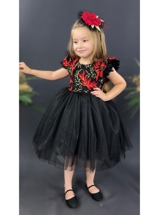 Floral - Crew neck - Fully Lined - Black - Red - Girls` Dress - MNK Baby