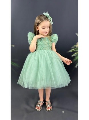 Floral - Crew neck - Fully Lined - Mint Green - Girls` Dress - MNK Baby