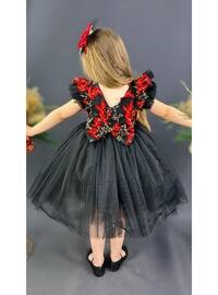 Floral - Crew neck - Fully Lined - Black - Red - Girls` Dress