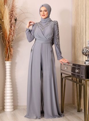 Grey - Modest Evening Dress - Piennar