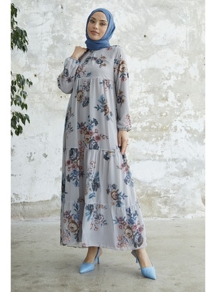 Grey - Floral - Fully Lined - Modest Dress - InStyle