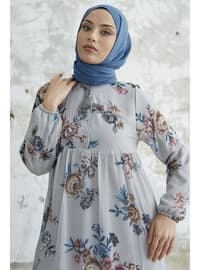 Grey - Floral - Fully Lined - Modest Dress