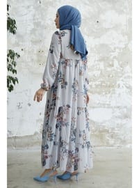 Grey - Floral - Fully Lined - Modest Dress