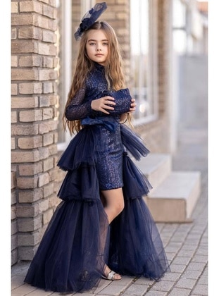 Kız Çocuk Pulpayet işlemeli Tek Omuzlu Kuyruklu Lacivert Elbise Lacivert