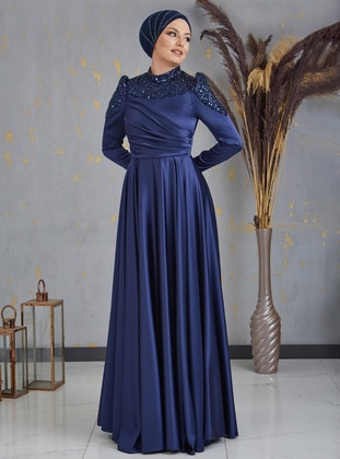 Navy Blue - Navy Blue - Modest Evening Dress - Piennar