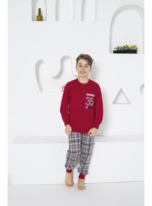 Estiva Erkek Çocuk 35 Baskılı Uzun Kollu Yazlık Pijama Takımı BORDO