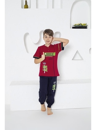 Estiva Erkek Çocuk Manhattan Baskılı Kısa Kollu Yazlık Pijama Takımı BORDO