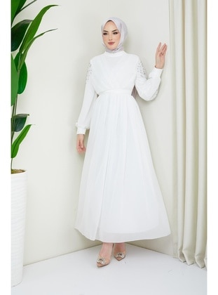 White - Modest Evening Dress - Hakimoda