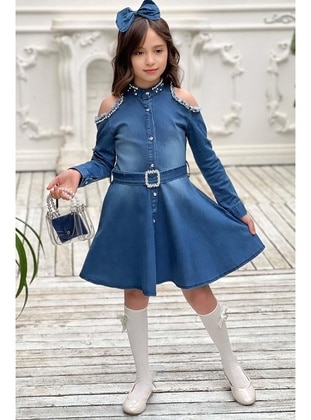 Kız Çocuk Omuzu ve Yakası Taş İşlemeli Lacivert Kot Elbise Lacivert