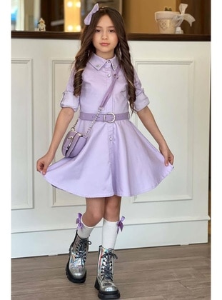 Kız Çocuk Yakası Taş İşlemeli ve Beli Kemer Detaylı Lila Kot Elbise Lila
