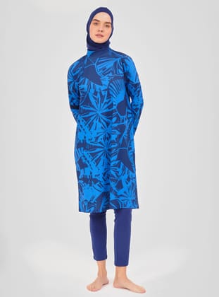 Üstü Desenli Rahat Tesettür Mayo - Dark indigo - Alfasa