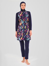 Modest Badeanzug Floral Marineblau