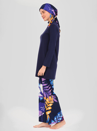 Blumendruck Modest Badeanzug Marineblau