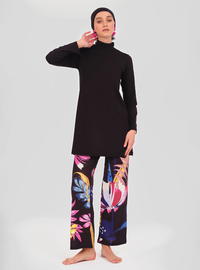 Burkini mit Blumenmuster Schwarz