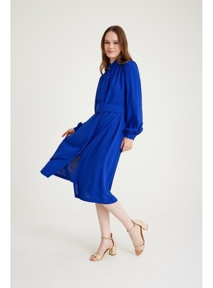 Saxe Blue - Unlined - Crew neck - Modest Dress - Olcay