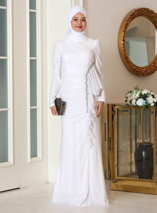 White - Modest Evening Dress - Azra Design