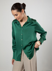 Mother of Pearl Button Detail Satin Tunic Dark Green Refka
