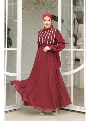 Burgundy - 650gr - Modest Evening Dress - Hakimoda