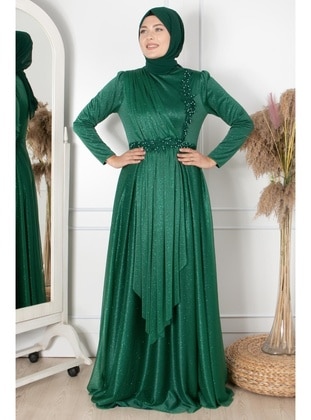 Lace Detailed Silvery Evening Dress Emerald Mfa1862 Emerald