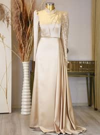 Gold color - Fully Lined - Crew neck - Modest Evening Dress