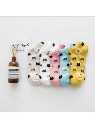 Kadın Renkli Kedi Desenli Patik Çorap Seti 5 Çift - Çok renkli - Sockshion