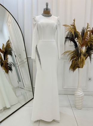 White - Modest Evening Dress - Lavienza