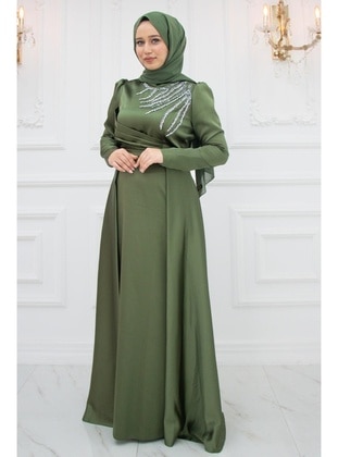 Khaki - Plus Size Evening Dress - Amine Hüma