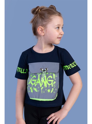 Printed - Crew neck - Unlined - Navy Blue - Girls` T-Shirt - Toontoy