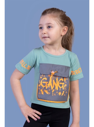 Toontoy Kız Çocuk Cebi Reflektör Detaylı Baskılı Tişört-Yeşil