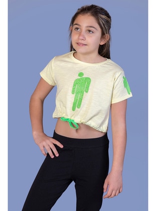 Toontoy Kız Çocuk Crop Model Baskılı Taş İşlemeli Tişört-Sarı