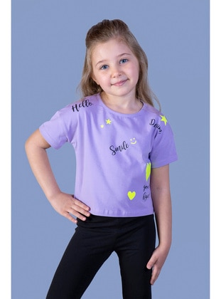 Girl's Crop Model Neon Printed T-Shirt Lilac